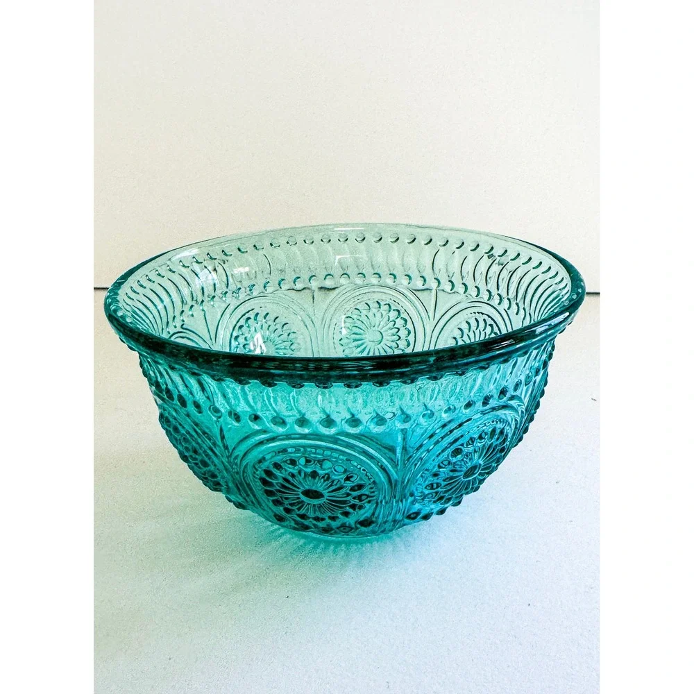 The Pioneer Woman Adeline Teal Glass Bowl Embossed Floral 6 Inch Round
